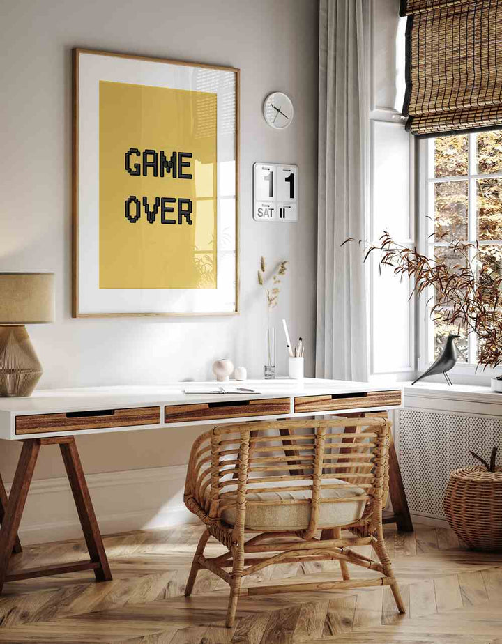 Game Over Gaming Art Painting Artwork in oakwood frame with mount above a white table for study room