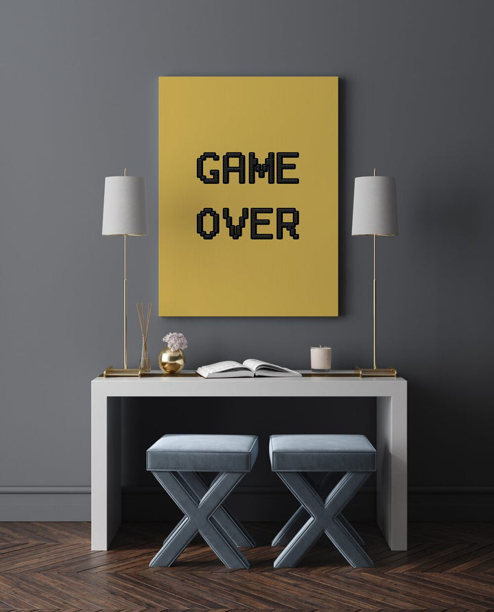  Game Over Gaming Art Painting Artwork in gallery wrap above a white table on a grey wall