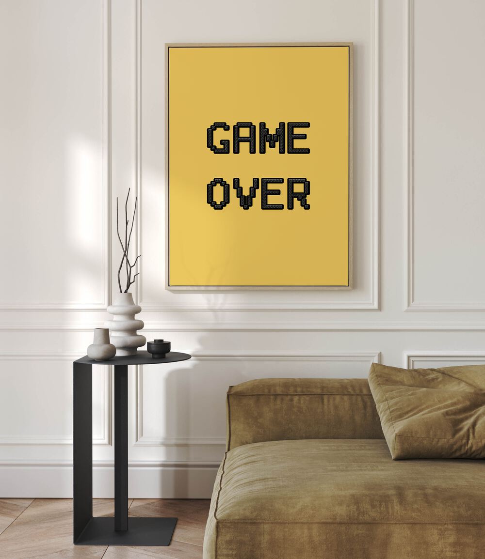 Game Over Gaming Art Painting Artwork in oakwood floater frame behind a sofa