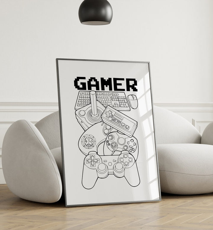 Gamer Gaming Art Painting Artwork in plain black frame beside white sofa