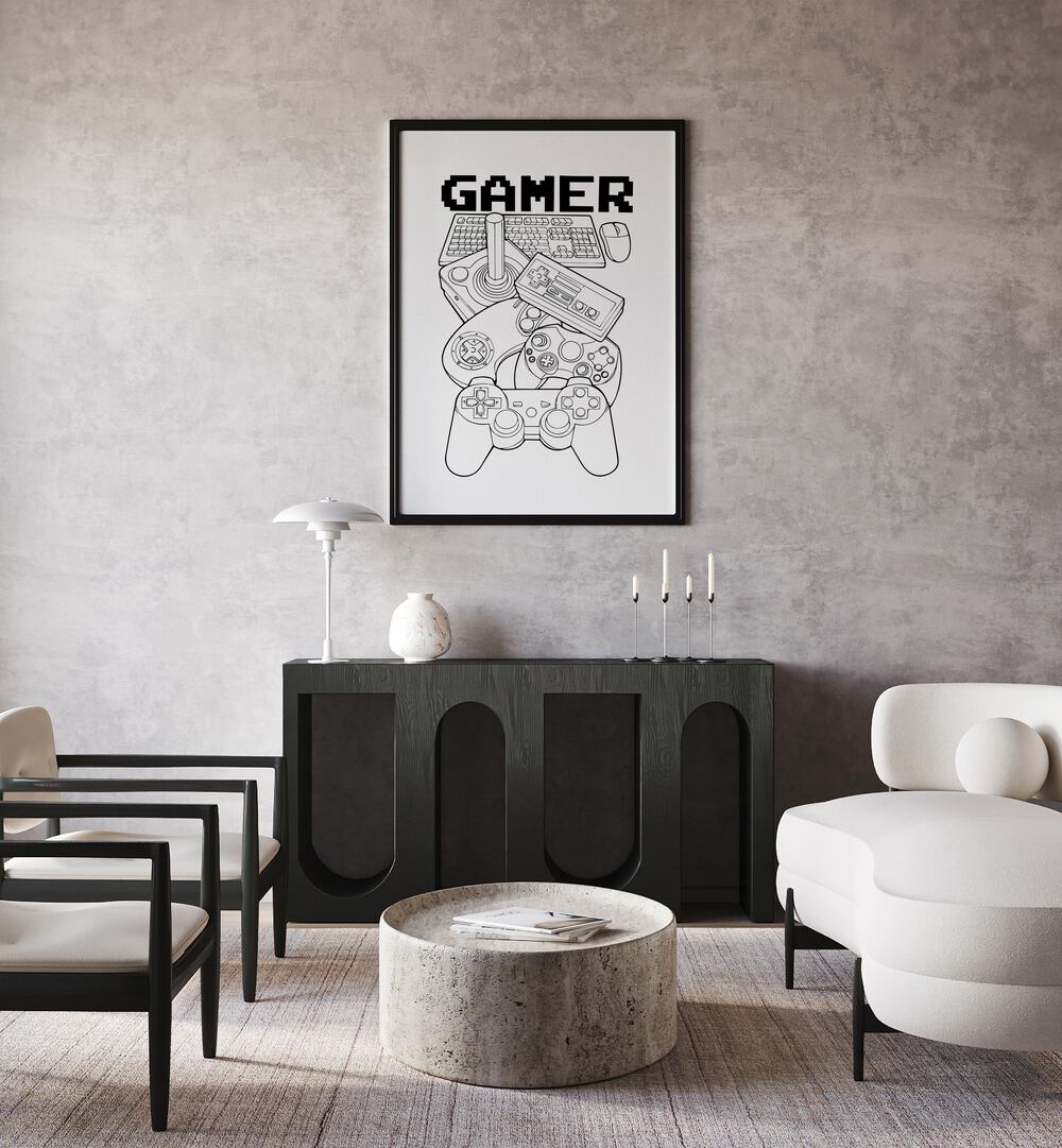 Gamer Gaming Art Painting Artwork in plain black frame above black table for living room