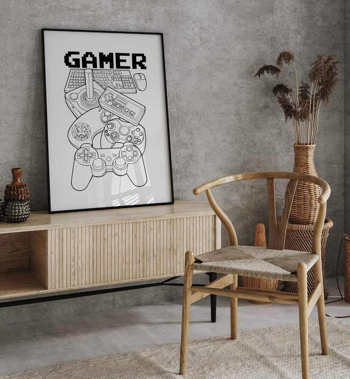 Gamer Gaming Art Painting Artwork in black plain frame on console table behind a chair