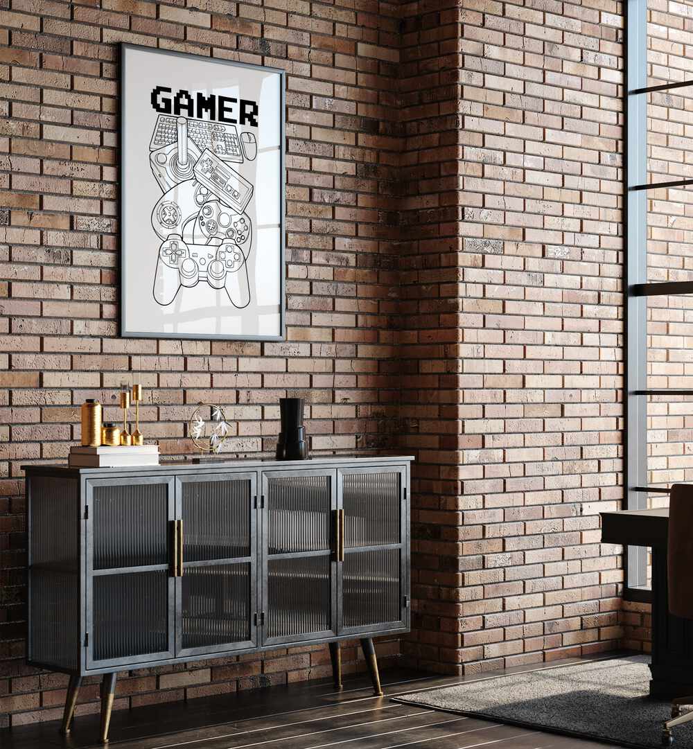 Gamer Gaming Art Painting Artwork in plain black frame above console table 