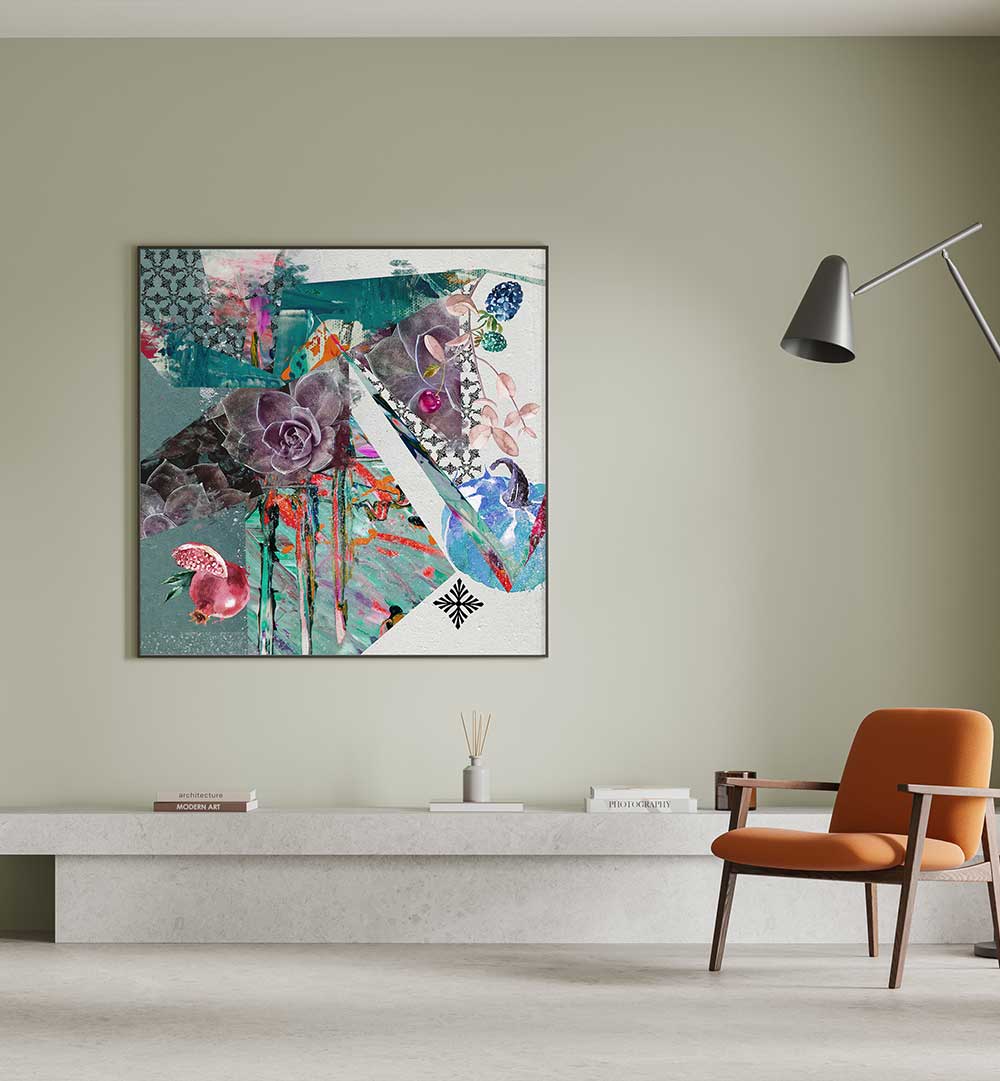 Vibrant GARDEN, ABSTRACT PAINTINGS enhancing modern home decor with colorful floral designs and artistic elements.