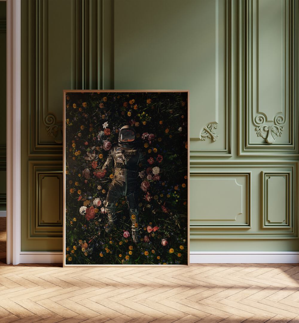 Garden Delights By Francis Minoza Astronaut & Nasa Paintings, Space Art Prints Artwork in Oak Wood Plain Frame placed on a Wooden Floor near A green Wall in the Living Room