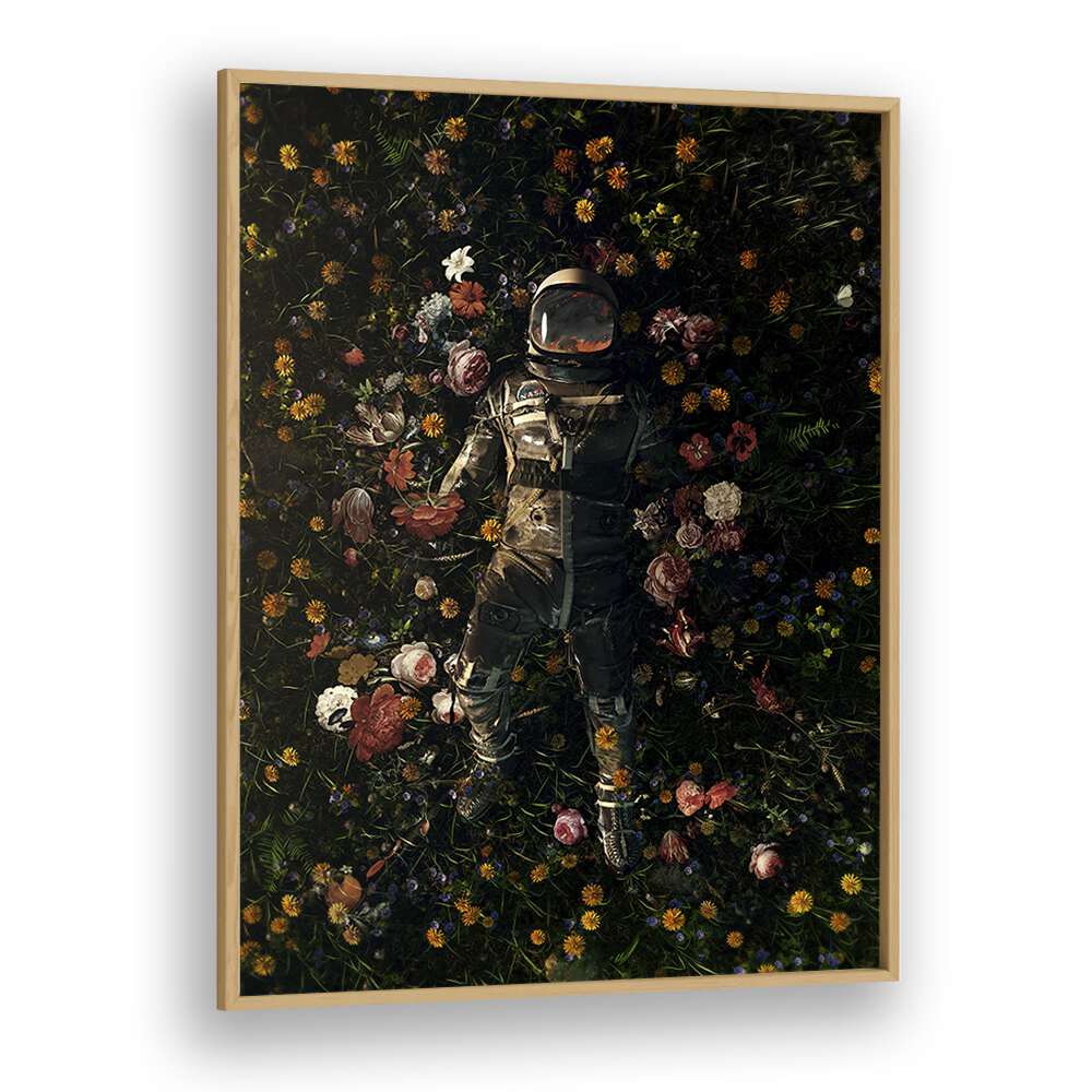 Garden Delights By Francis Minoza Astronaut & Nasa Paintings, Space Art Prints Artwork in Oak Wood Plain Frame
