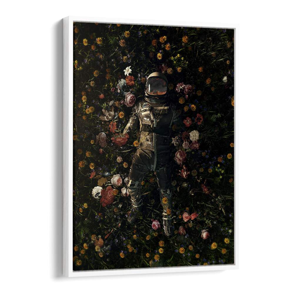 Garden Delights By Francis Minoza Astronaut & Nasa Paintings, Space Art Prints Artwork in White Floater Frame
