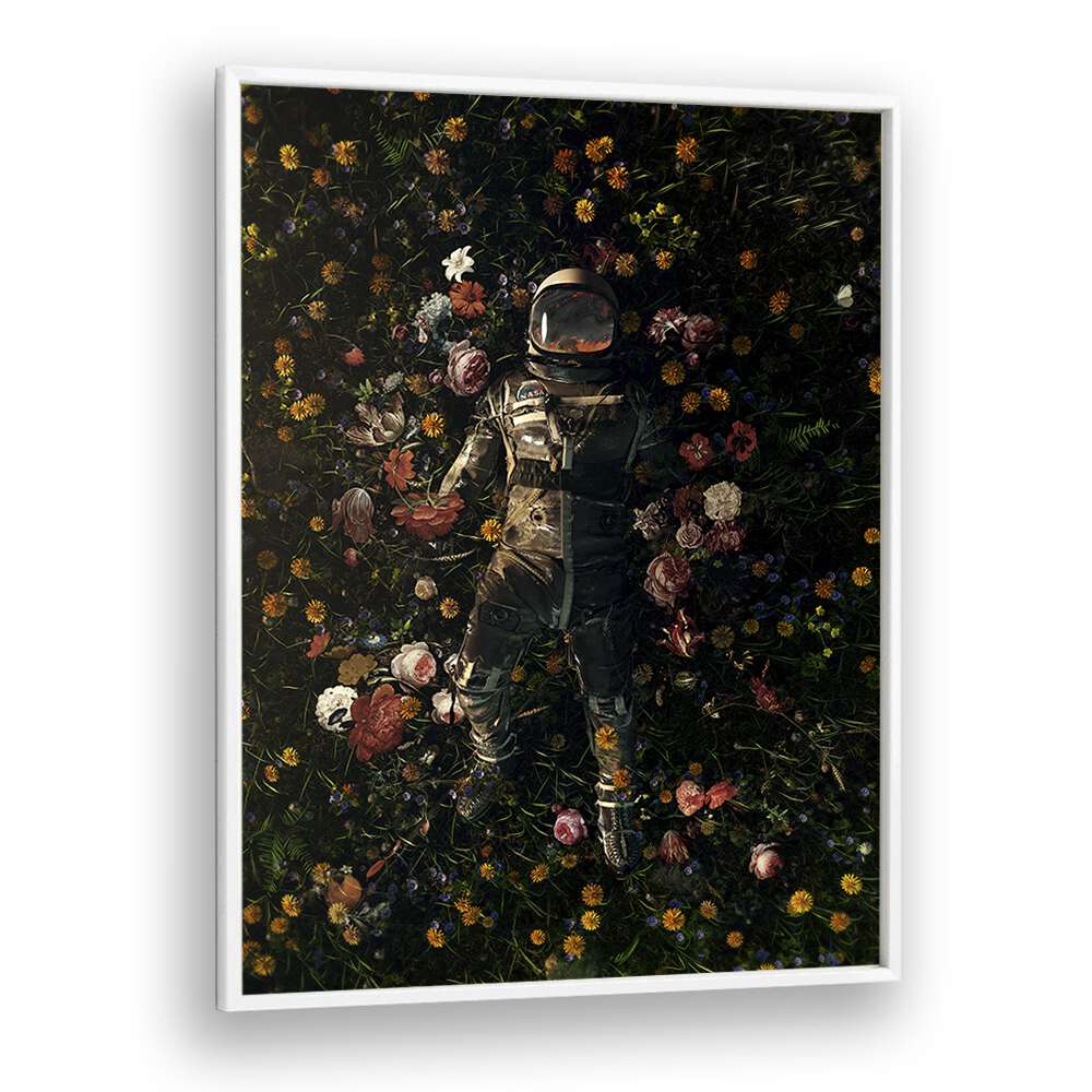 Garden Delights By Francis Minoza Astronaut & Nasa Paintings, Space Art Prints Artwork in White Plain Frame
