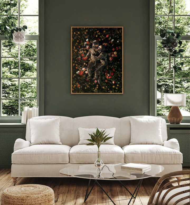 Garden Delights II By Francis Minoza Astronaut & Nasa Paintings, Space Art Prints Artwork in Oak Wood Plain Frame placed on a Green Wall near a White Sofa in the Living Room