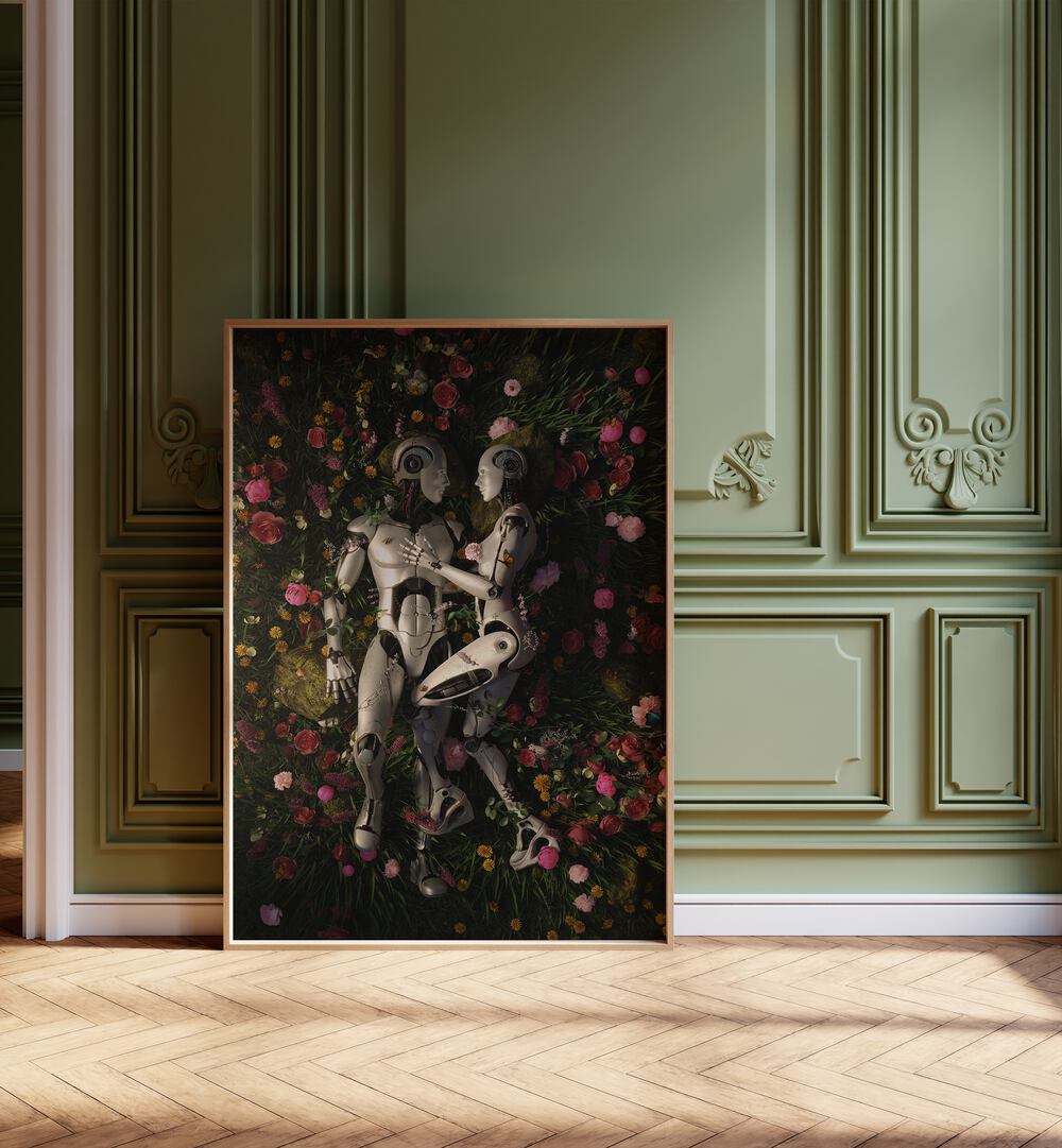 Garden Delights III By Francis Minoza Astronaut & Nasa Paintings, Space Art Prints Artwork in Oak Wood Plain Frame placed on a Wooden Floor in the Living Room