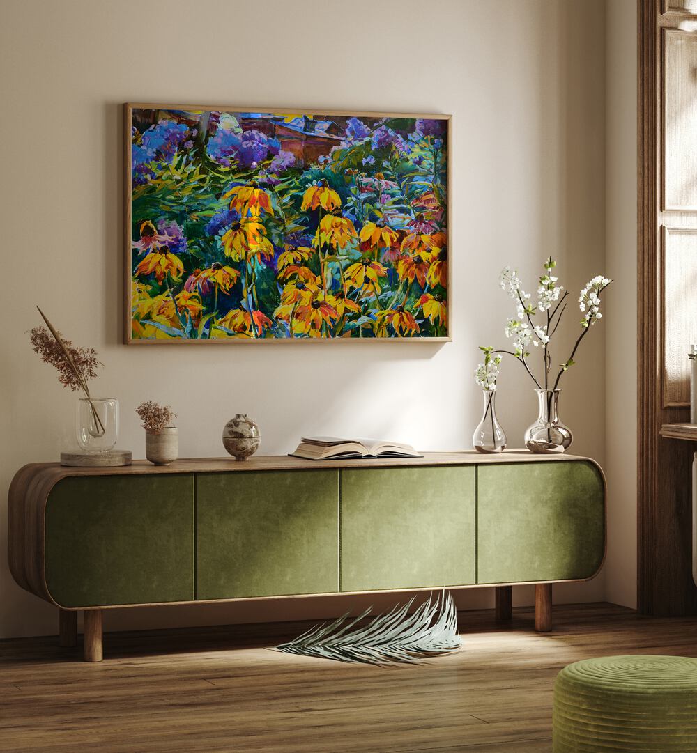 Vibrant GARDEN, FLORAL FLOWER PAINTINGS brightening up a cozy living space, enhancing your decor and gardening vibe.