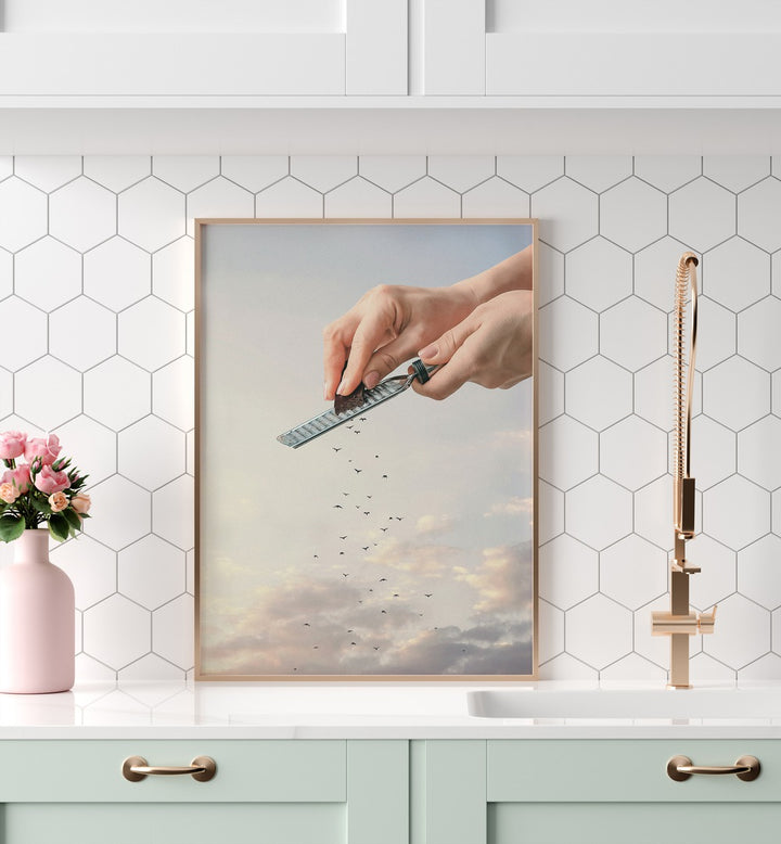 Garnished Flock Surreal Art Painting Artwork in plain oakwood frame on a kitchen counter beside a flower pot