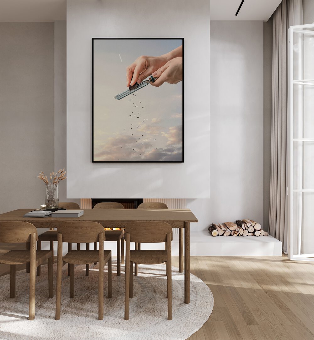 Garnished Flock Surreal Art Painting Artwork in plain black frame behind dining table for dining area