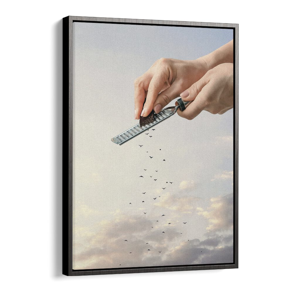 Garnished Flock Surreal Art Artwork in Black Floater Frame
