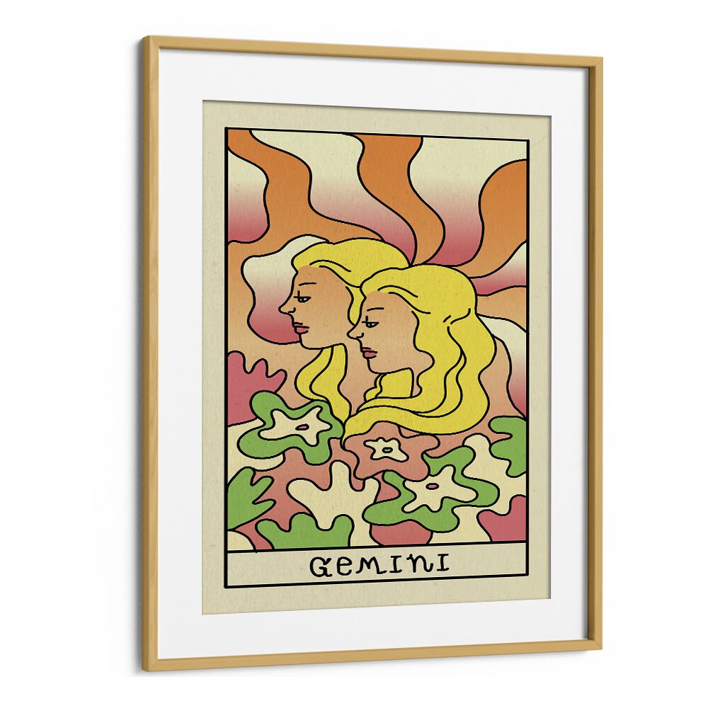 Gemini Zodiac & Tarot Art Artwork in Oak Wood Frame With Mount