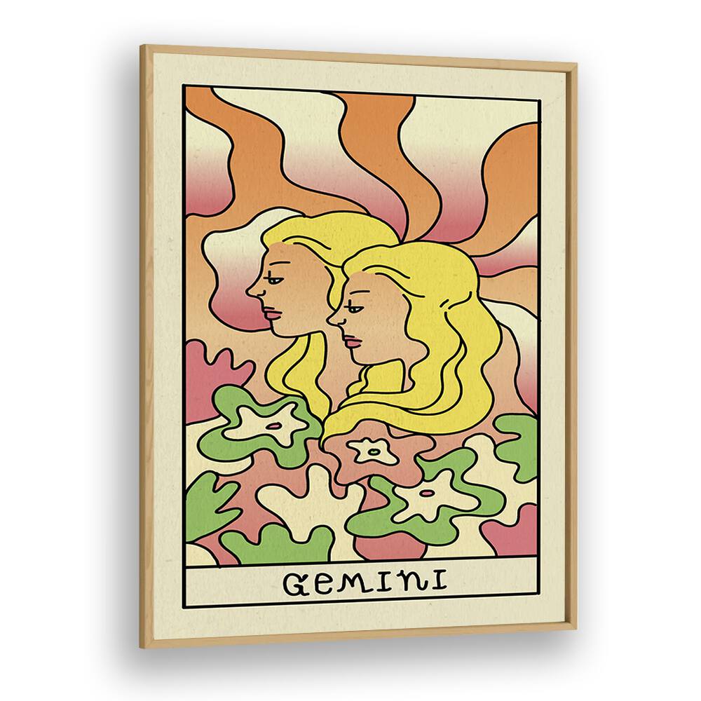 Gemini Zodiac & Tarot Art Artwork in Oak Wood Plain Frame