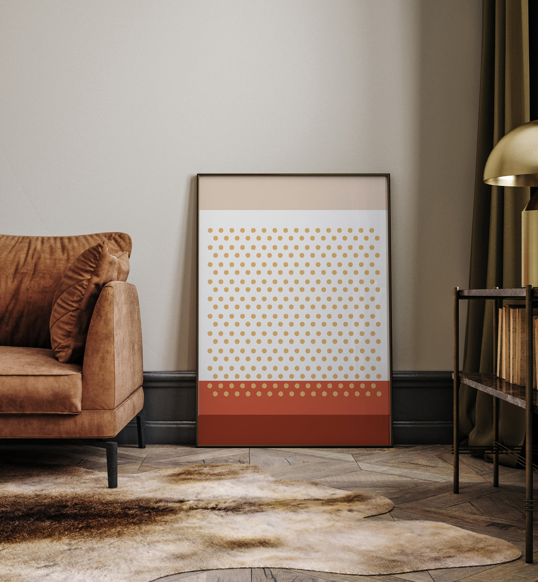 Geometric Beige Dots I Geometric Art Artwork Placed on a wall In A Living Room