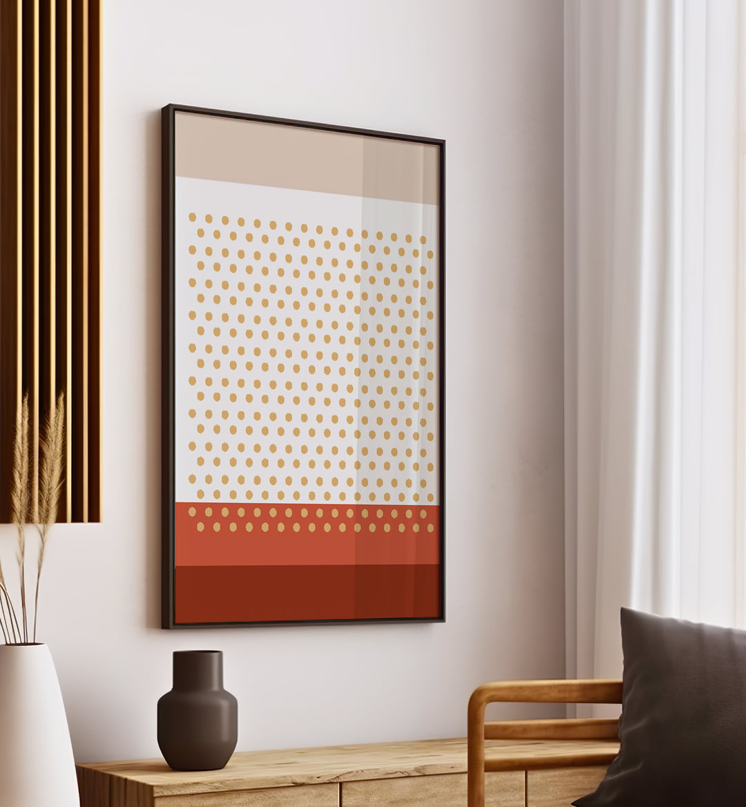 Geometric Beige Dots I Geometric Art Artwork Placed on a wall In A Living Room 