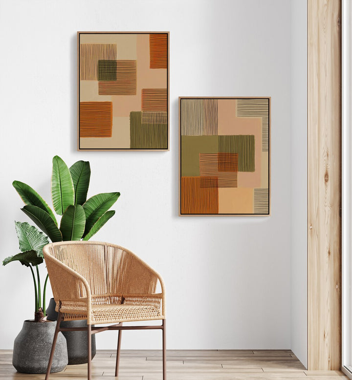 GEOMETRICAL PATCHWORK SET , SET OF 2 PAINTINGS