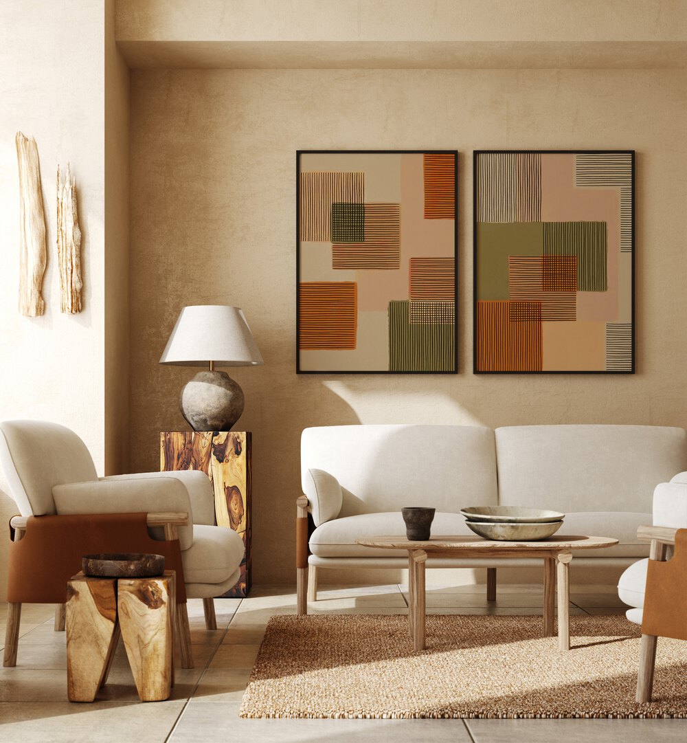 GEOMETRICAL PATCHWORK SET , SET OF 2 PAINTINGS