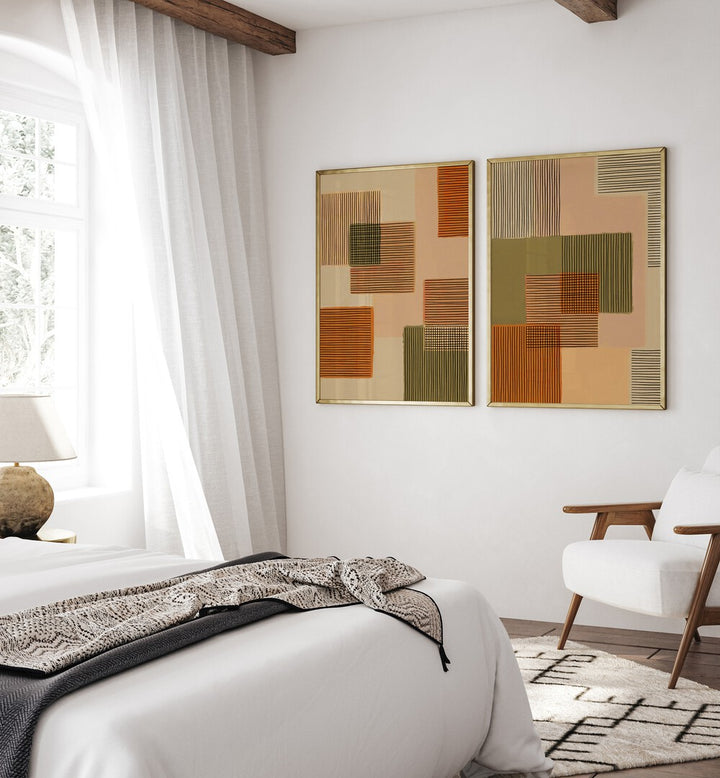 GEOMETRICAL PATCHWORK SET , SET OF 2 PAINTINGS