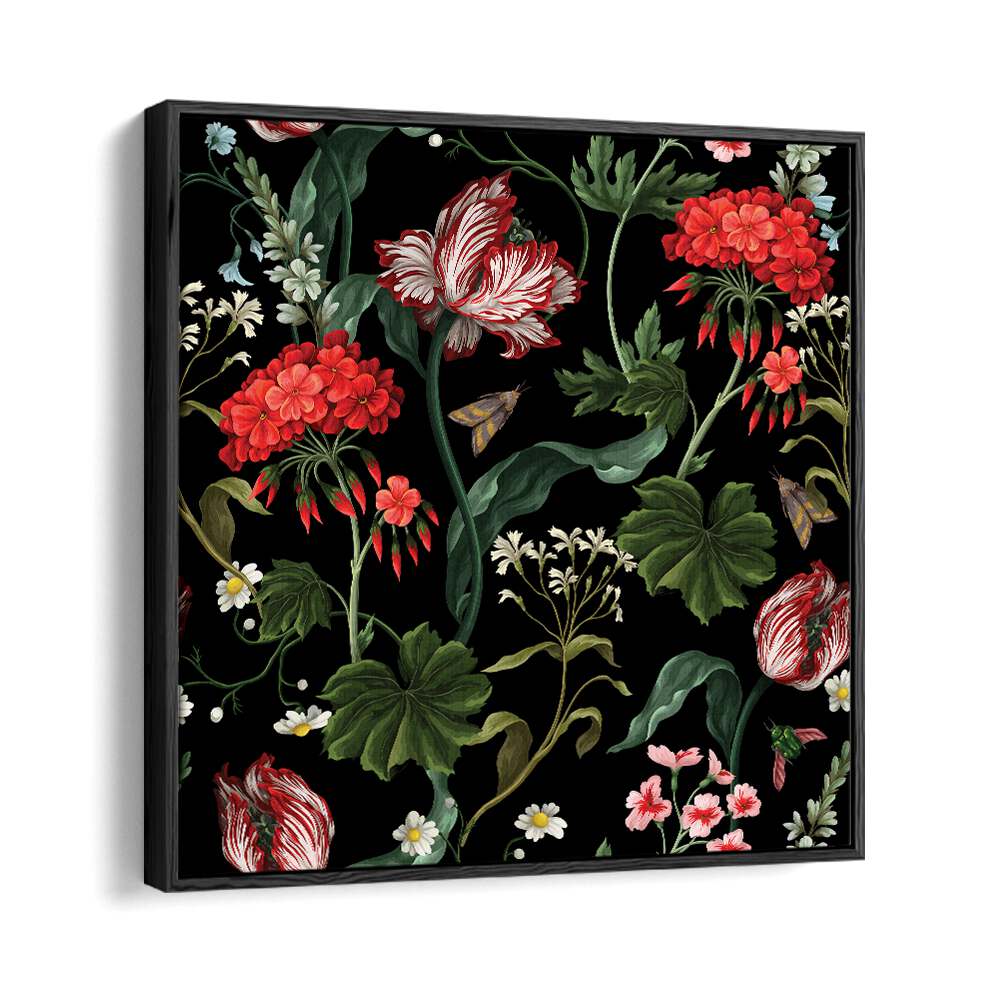 Geranium, Tulip And Other Wild Flowers Botanical Art Print Artwork in Black Floater Frame