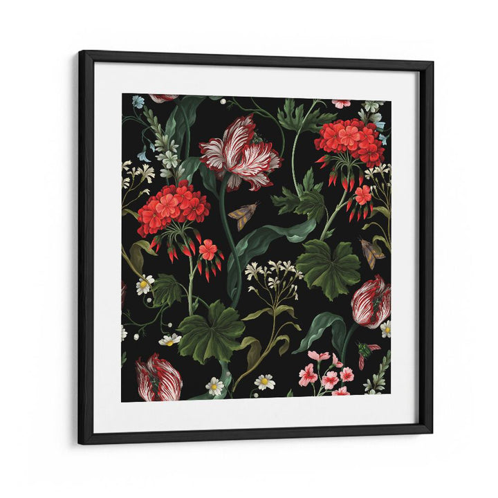 Geranium, Tulip And Other Wild Flowers Botanical Art Print Artwork in Black Frame With Mount