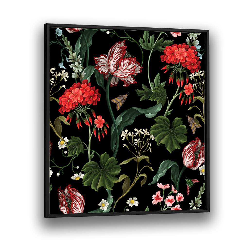 Geranium, Tulip And Other Wild Flowers Botanical Art Print Artwork in Black Plain Frame