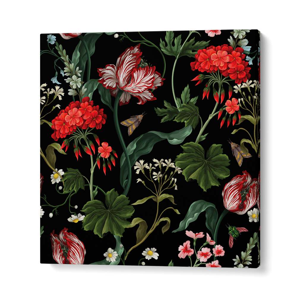 Geranium, Tulip And Other Wild Flowers Botanical Art Print Artwork in Gallery Wrap