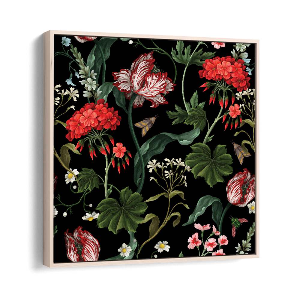 Geranium, Tulip And Other Wild Flowers Botanical Art Print Artwork in Oak Wood Floater Frame