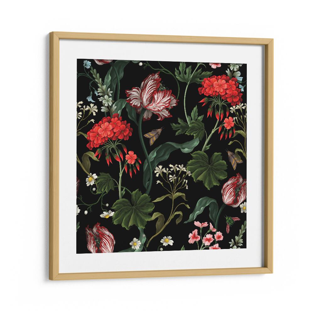 Geranium, Tulip And Other Wild Flowers Botanical Art Print Artwork in Oak Wood Frame With Mount