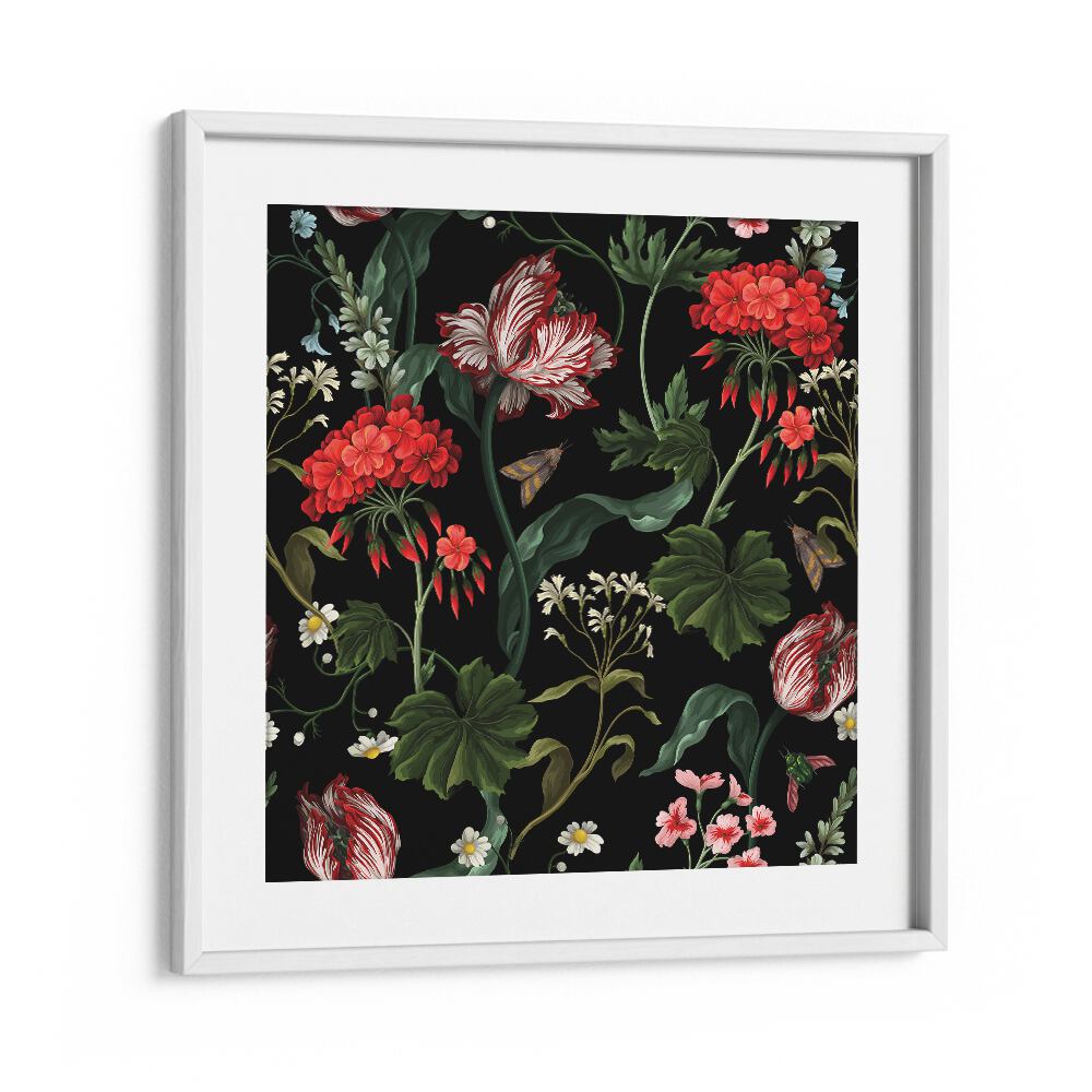 Geranium, Tulip And Other Wild Flowers Botanical Art Print Artwork in White Frame With Mount