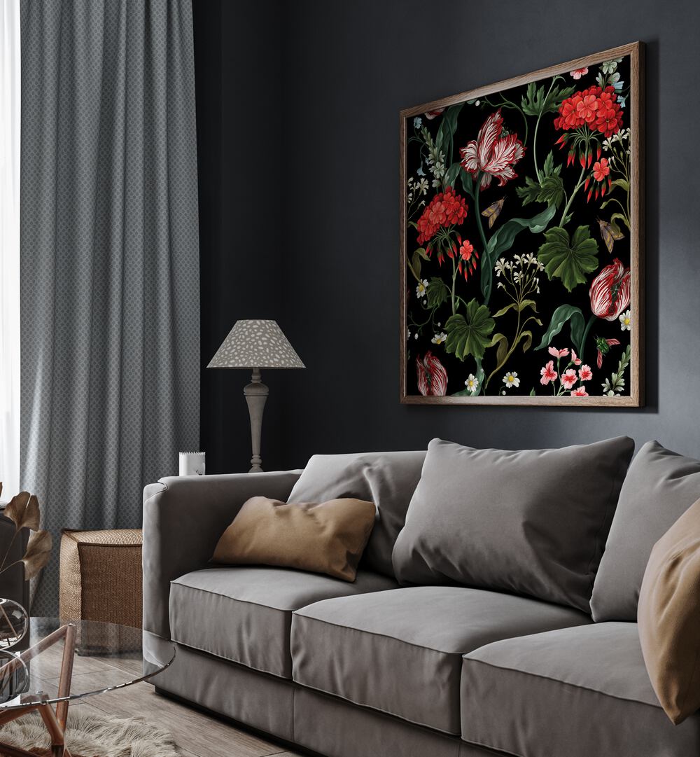 Geranium Tulip And Other Wild Flowers Botanical art painting Artwork Placed on a wall