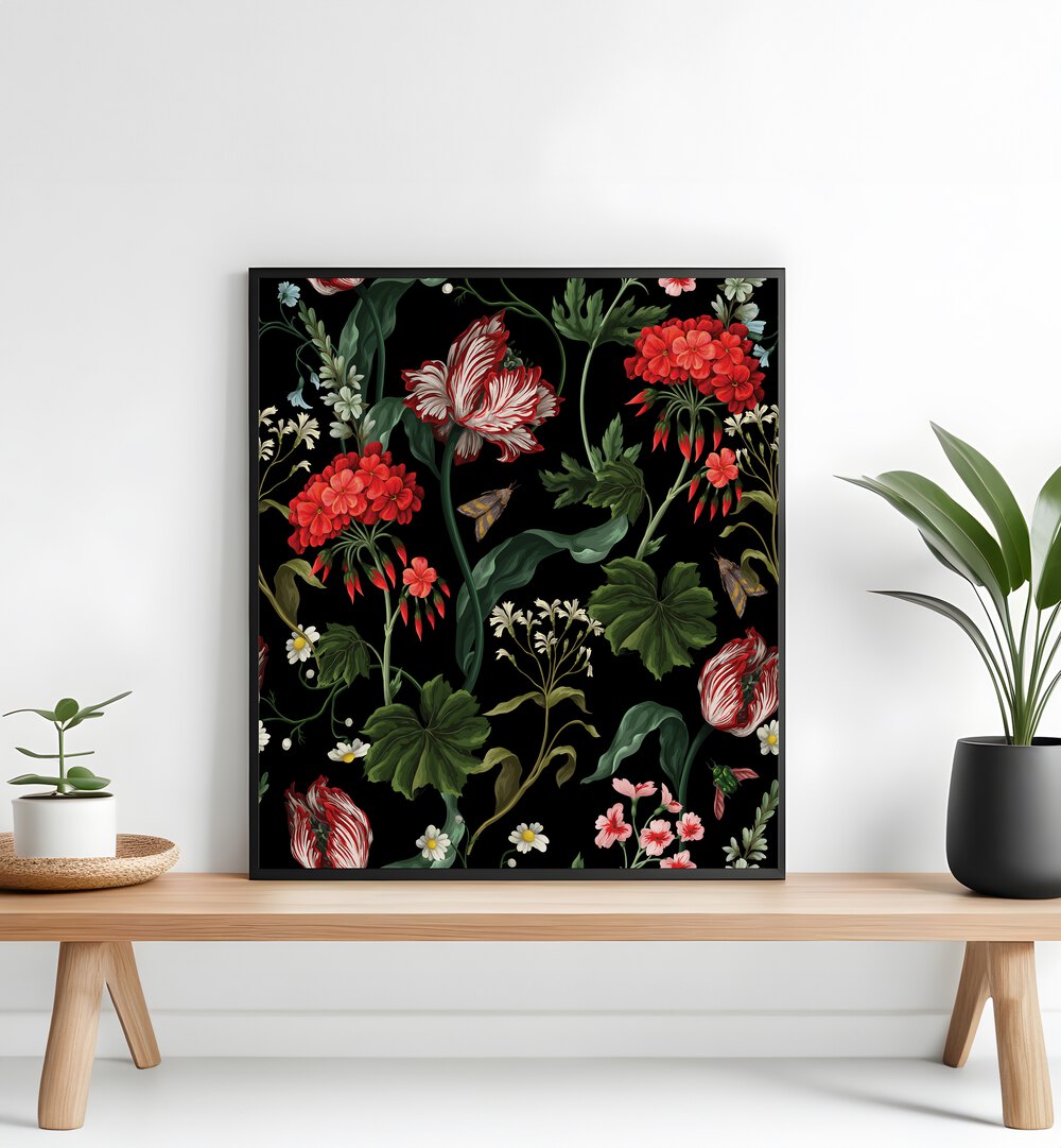 Geranium Tulip And Other Wild Flowers Botanical art painting Artwork Placed on a wall