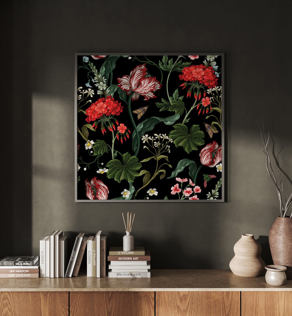 Geranium Tulip And Other Wild Flowers Botanical art painting Artwork Placed on a wall