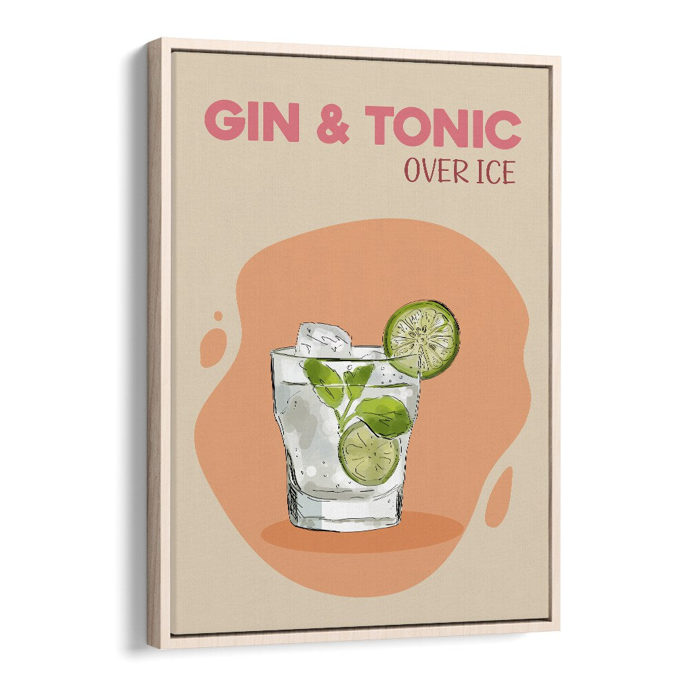 Gin & Tonic Bar & Cafe Artwork in Oak Wood Floater Frame