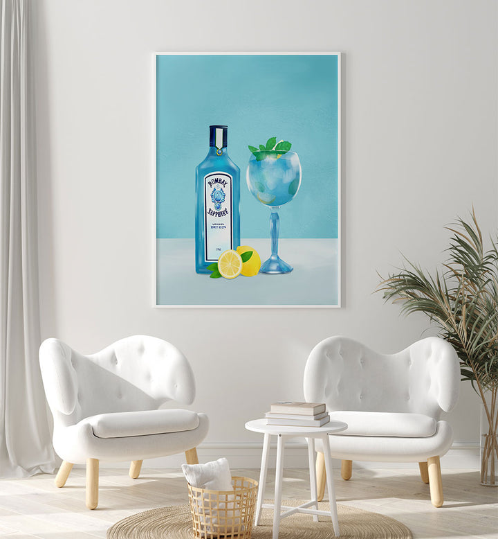 GIN COCKTAIL , BAR art: Bombay Sapphire gin bottle with a blue cocktail glass in a cafe scene.