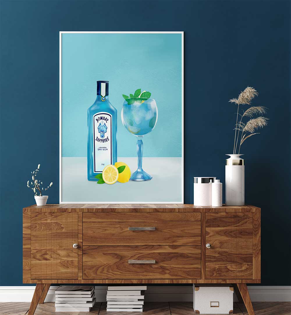 GIN COCKTAIL , BAR poster featuring Bombay Sapphire gin bottle and blue cocktail on a wooden sideboard