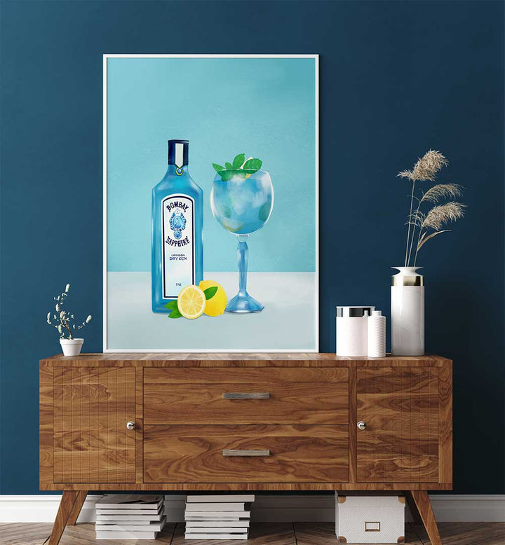 GIN COCKTAIL , BAR poster featuring Bombay Sapphire gin bottle and blue cocktail on a wooden sideboard