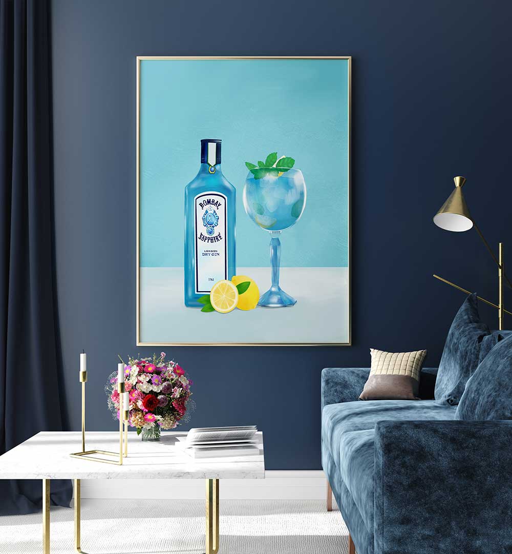 GIN COCKTAIL , BAR interior art with blue gin bottle and glass in a chic cafe setting