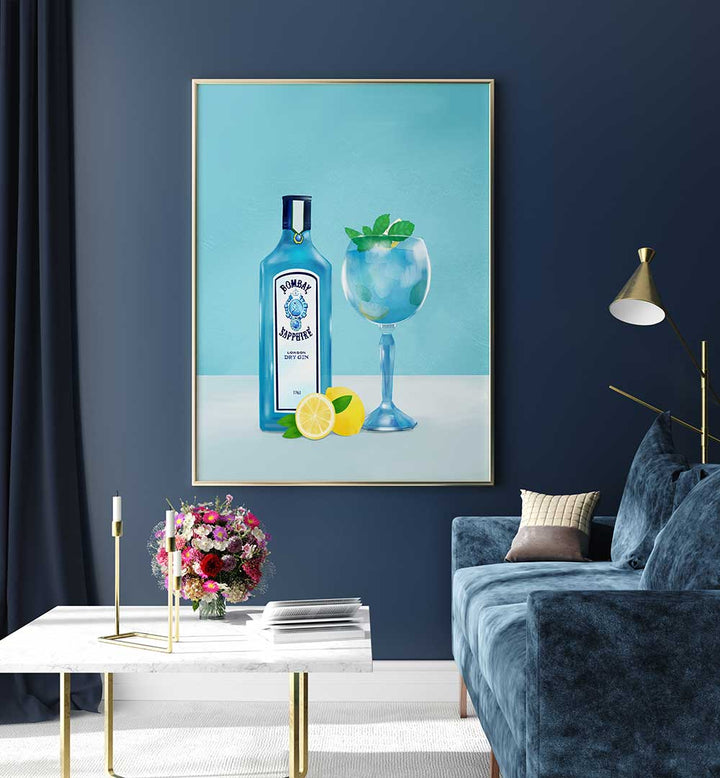 GIN COCKTAIL , BAR interior art with blue gin bottle and glass in a chic cafe setting
