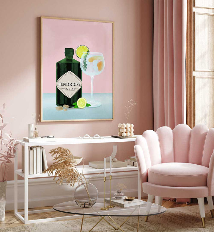 GIN TONIC , BAR image showcasing Hendrick's gin bottle with a cocktail glass in a pink stylish cafe setting.
