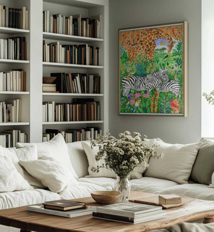 GIRAFFE AND ZEBRAS , ANIMAL PAINTINGS