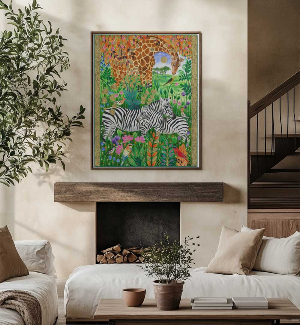 GIRAFFE AND ZEBRAS , ANIMAL PAINTINGS