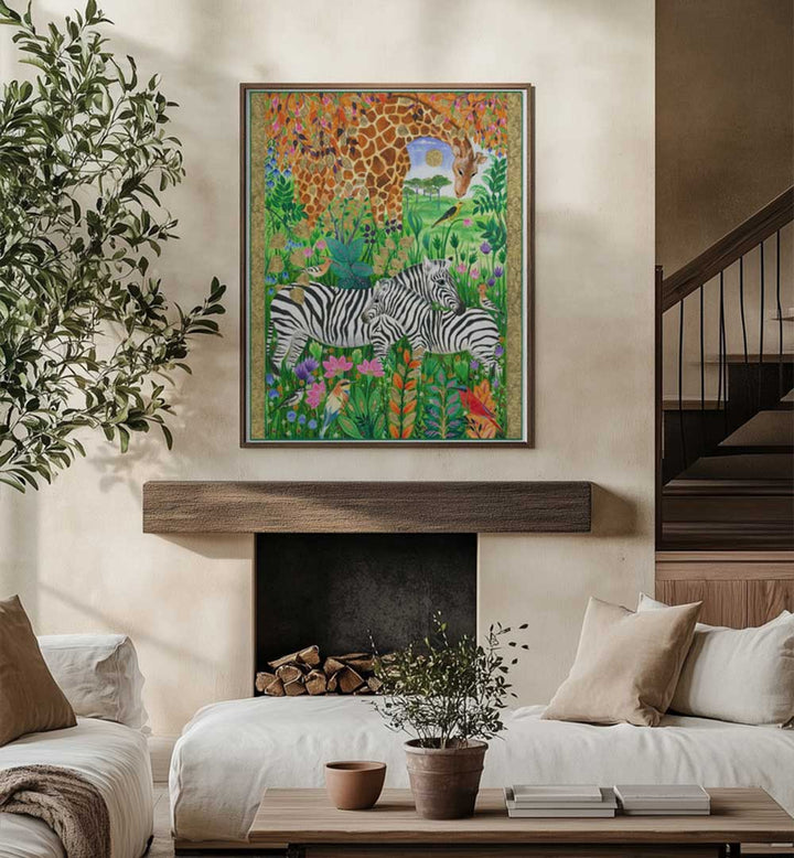GIRAFFE AND ZEBRAS , ANIMAL PAINTINGS