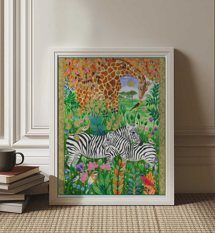 GIRAFFE AND ZEBRAS , ANIMAL PAINTINGS
