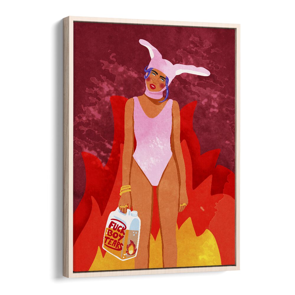 Girl On Fire Pop Art Artwork in Oak Wood Floater Frame