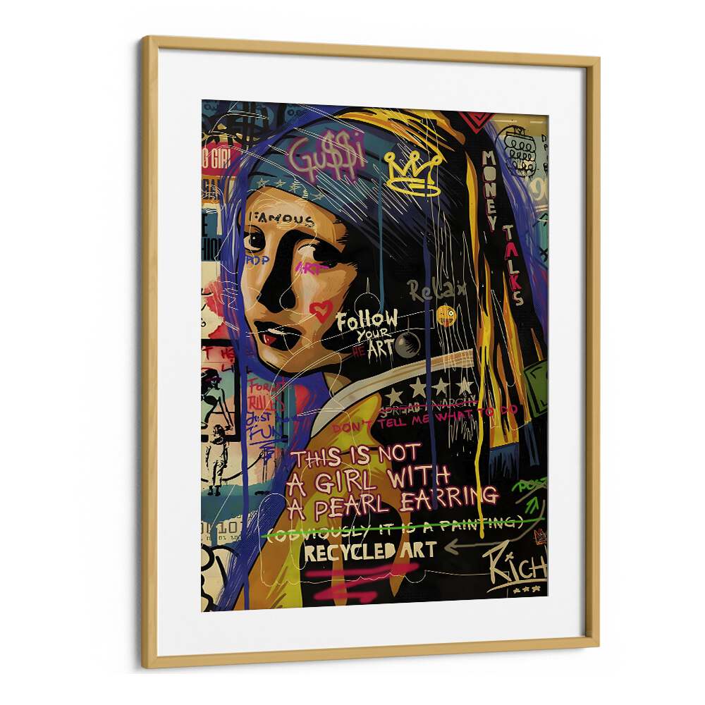 Girl With Pearl Pop Art Artwork in Oak Wood Frame With Mount