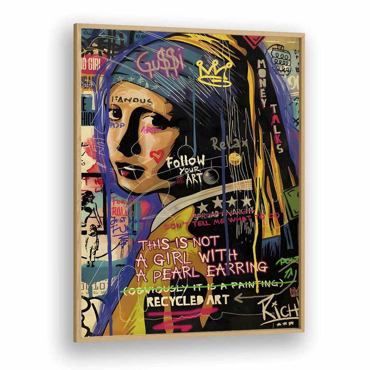 Girl With Pearl Pop Art Artwork in Oak Wood Plain Frame