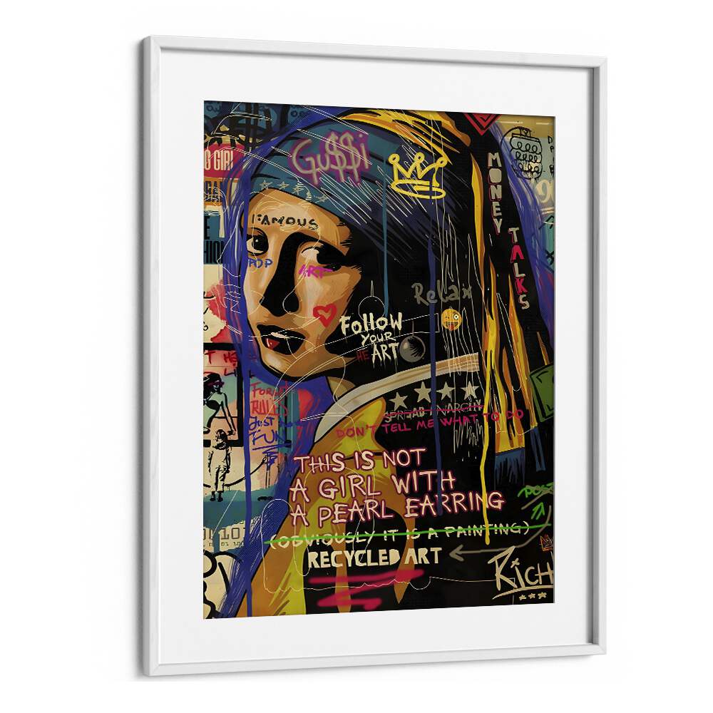 Girl With Pearl Pop Art Artwork in White Frame With Mount